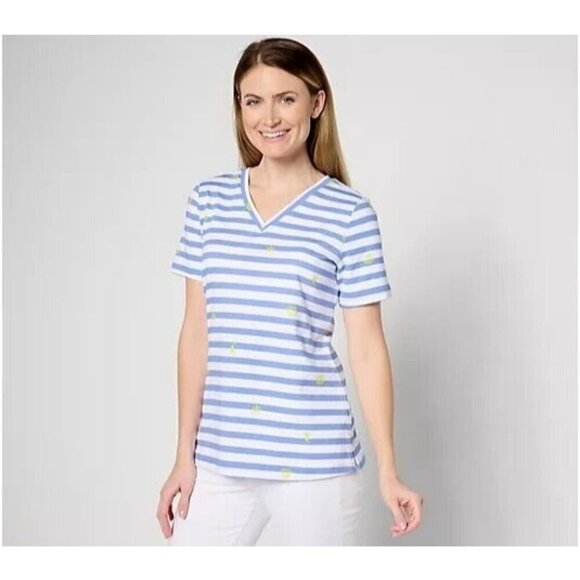 Denim & Co. Perfect Jersey Printed V-Neck Short Sleeve Top Dark Chambray, XL - Picture 1 of 1